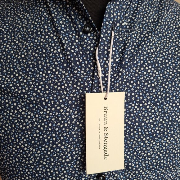 New Bruun & Stengade Men's Slim Fit Floral Button Down Blue Shirt Size 40 - Picture 3 of 16